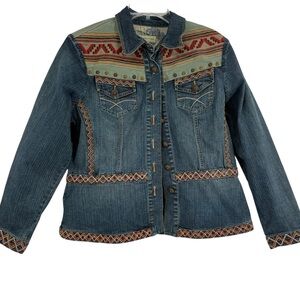 Coldwater Creek Size L Jacket Aztec Southwestern Denim Blue Jean Cotton Button